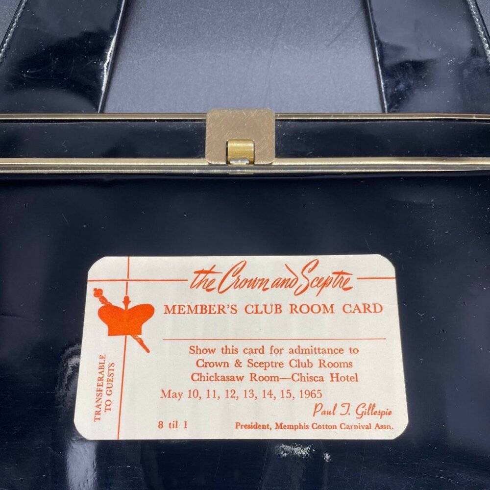 Vintage Black Patent Leather Handbag Gold Tone Memphis Cotton Carnival 1965 Card - Picture 6 of 10